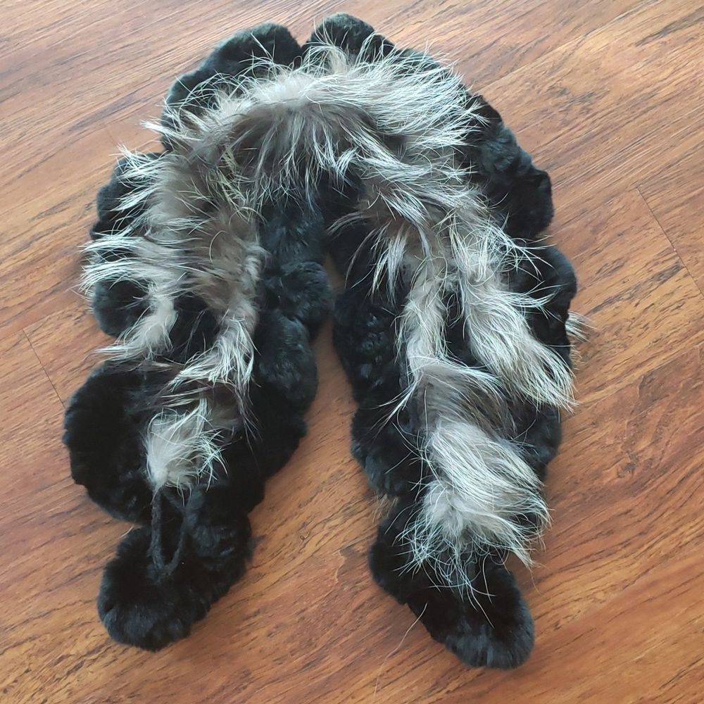 Black and Brown White Fur Neck Scarf 40in Chic Edgy Feminine Retro Classic Soft